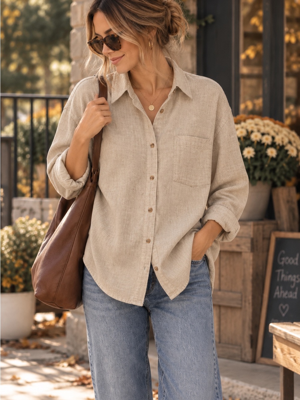Old Navy The Boyfriend Shirt Oatmeal — Size Large | Linen Blend